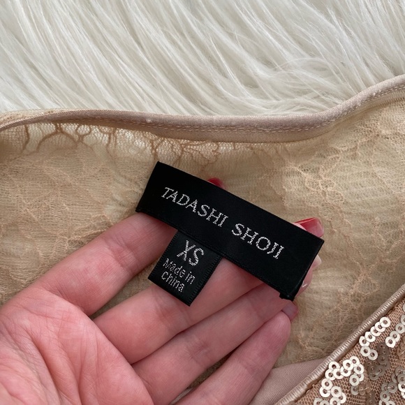 Tadashi Shoji Champagne Gold Sequin Long Sleeve Evening Dress Gown - Picture 14 of 15